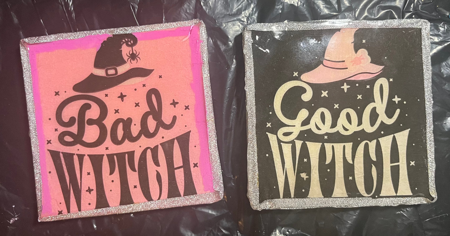 Good witch/bad witch double sided coasters