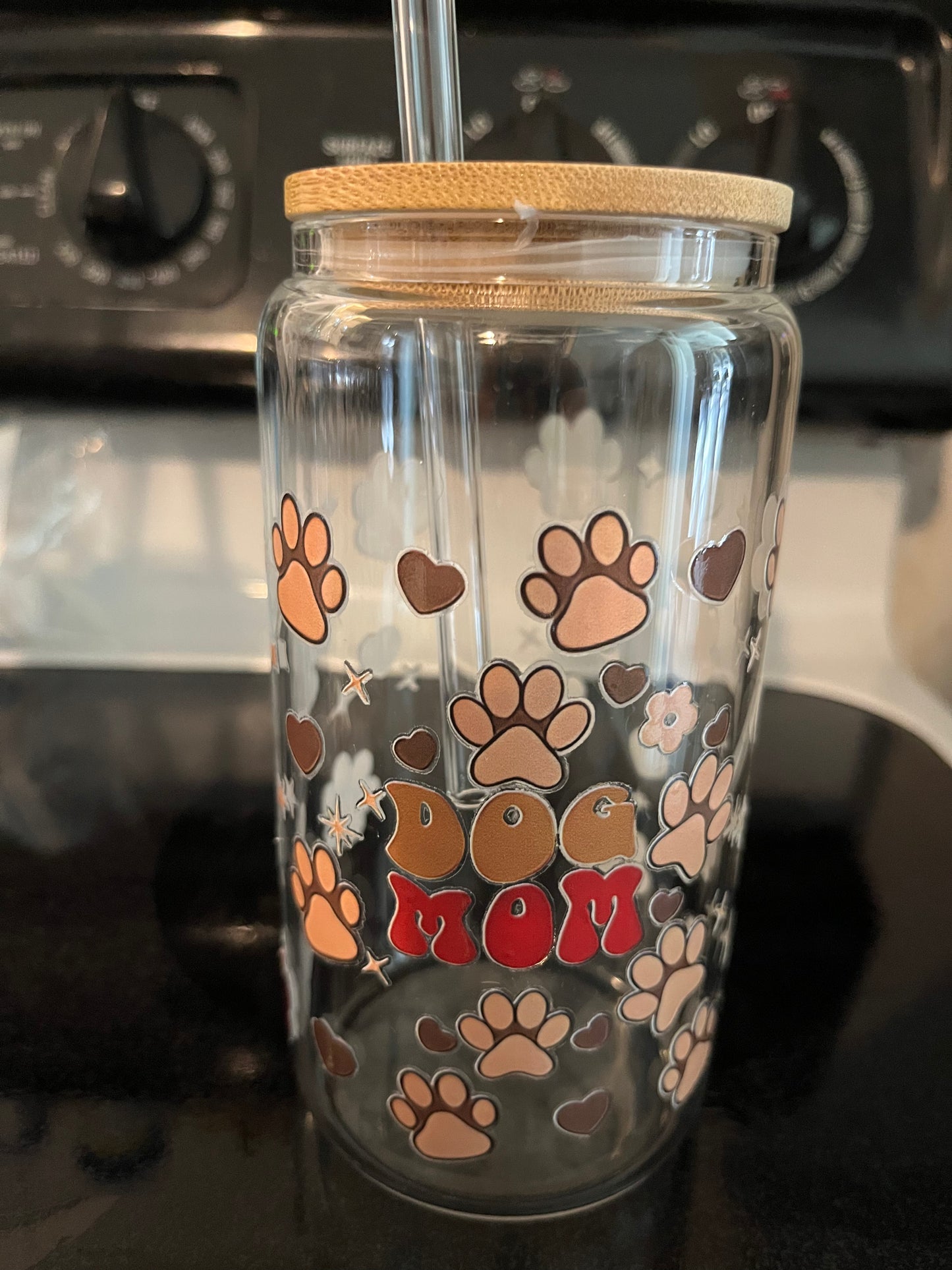 Dog mom drinking glass - brown and red