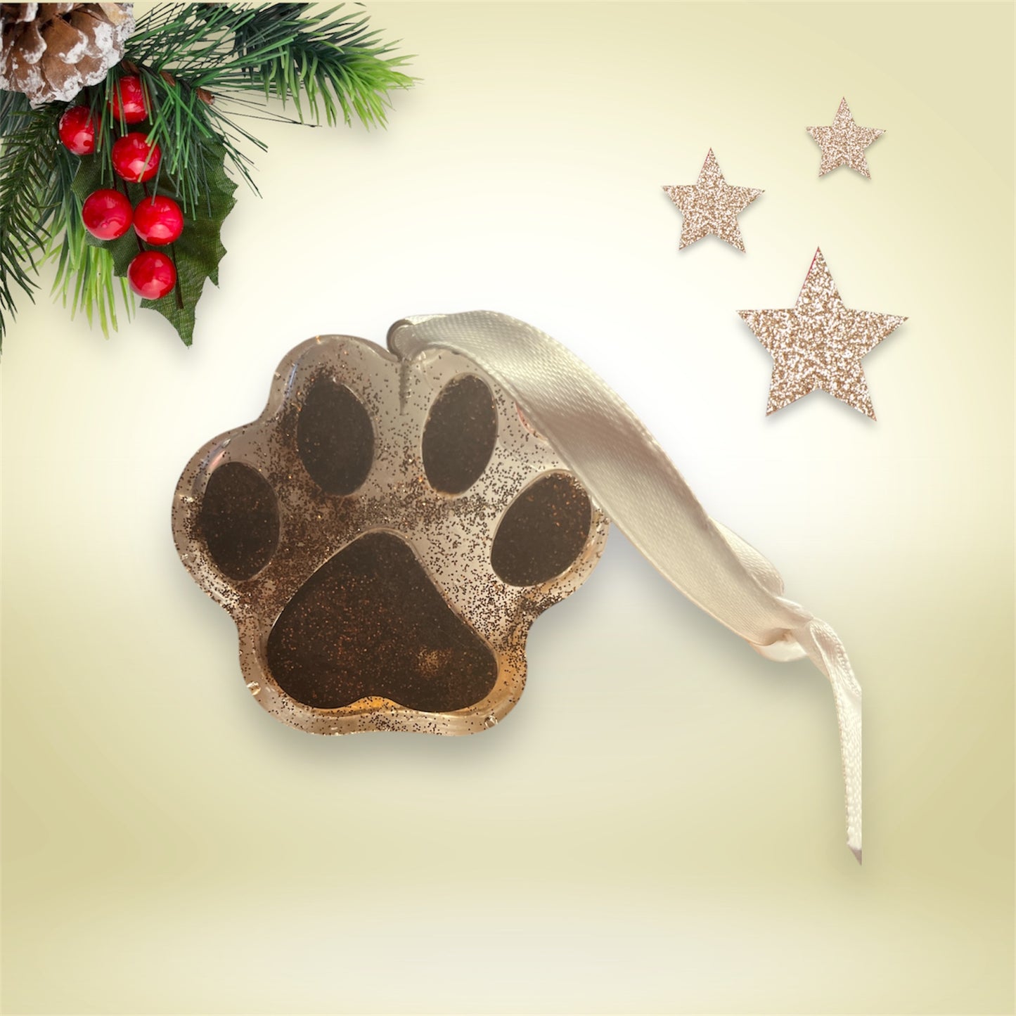 Paw print ornament - black and orange glitter
