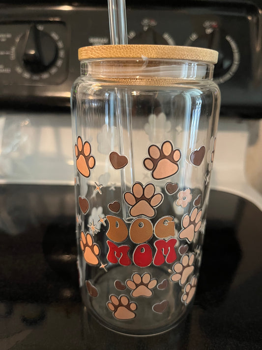 Dog mom drinking glass - brown and red