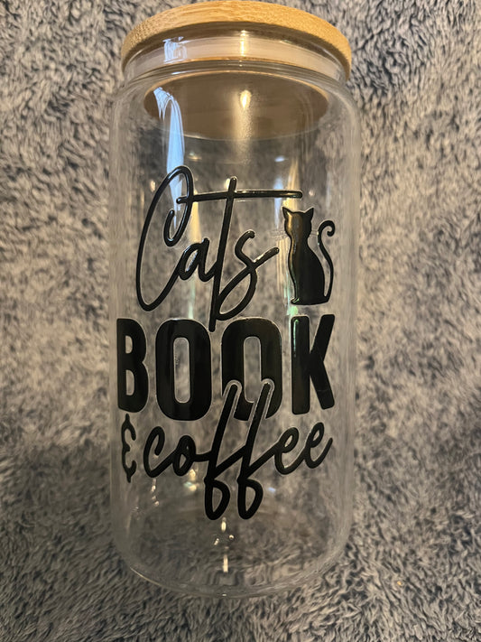 Cats, book, & coffee drinking glass
