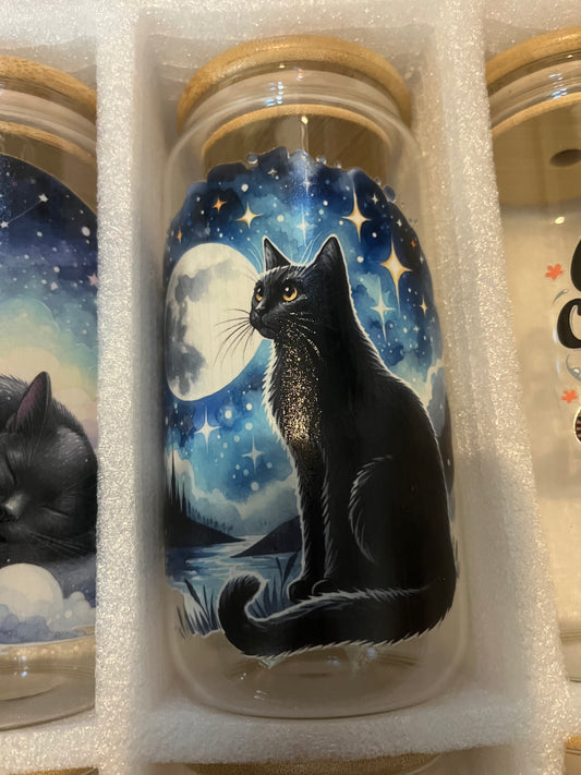 Black kitty with full moon drinking glass