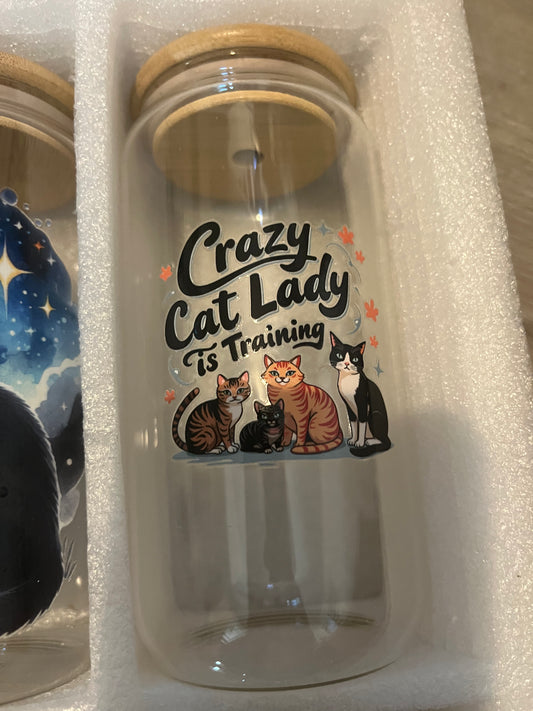 Crazy cat lady drinking glass