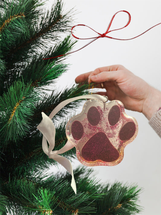 Paw print ornament - light pink glitter