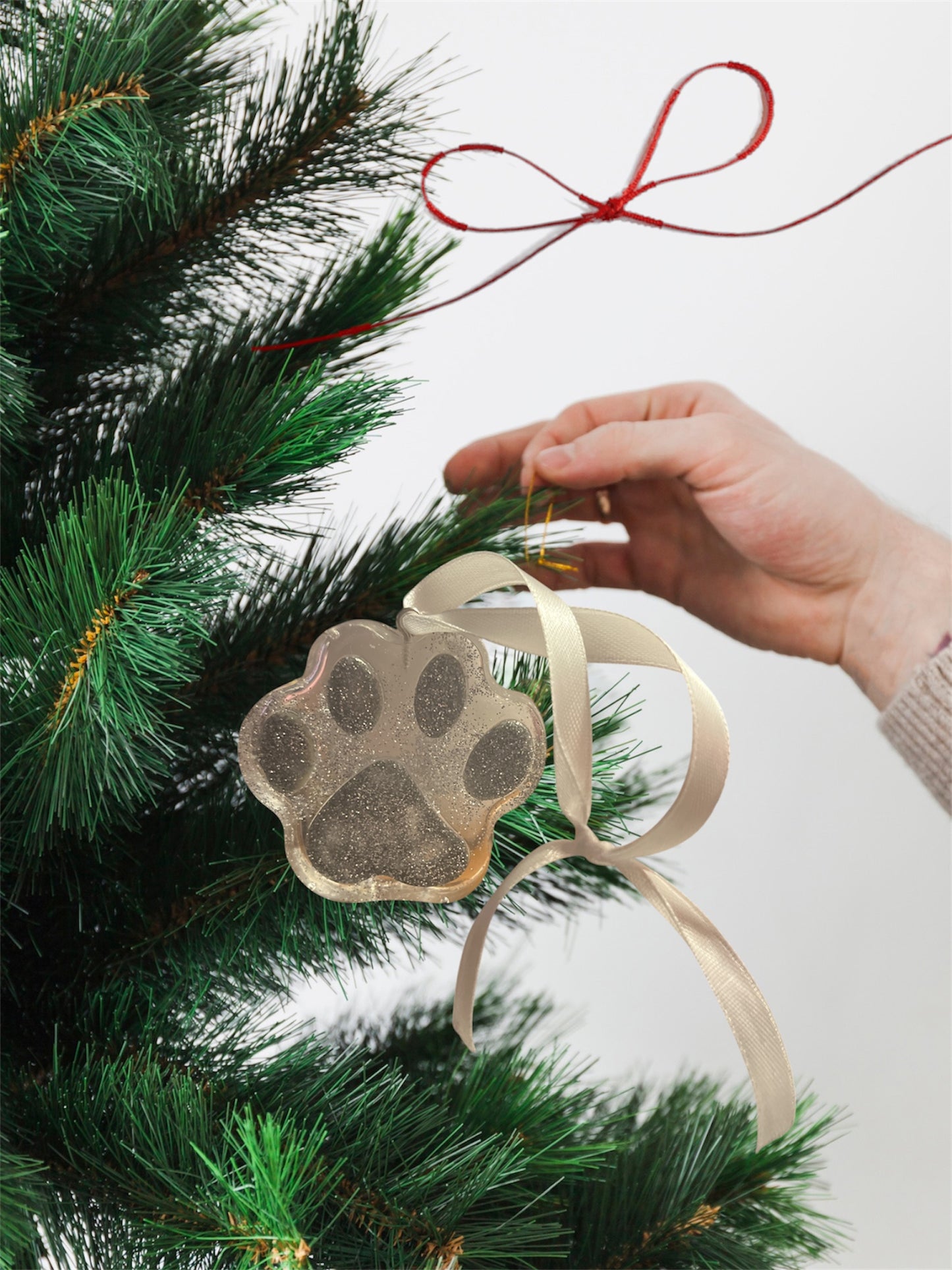 Paw print ornament - silver rainbow glitter